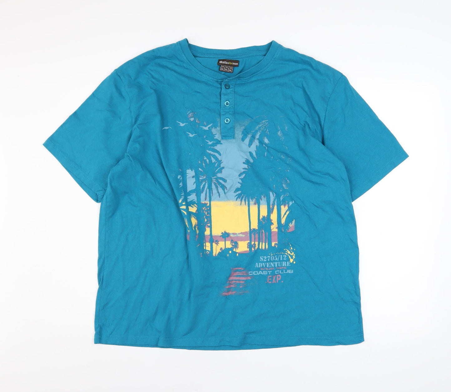 Atlas For Men Men's Blue 2XL Henley T-Shirt with Beach Print