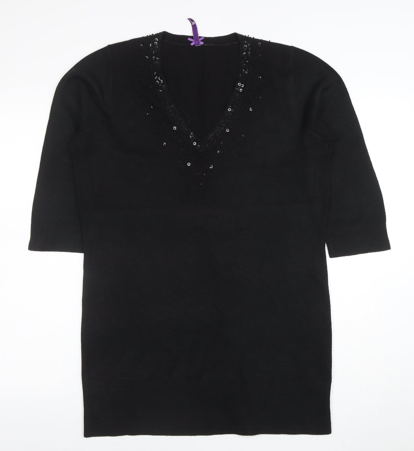 BHS Women's Black Sequin V-Neck Tunic Top Size 16 Acrylic Knit