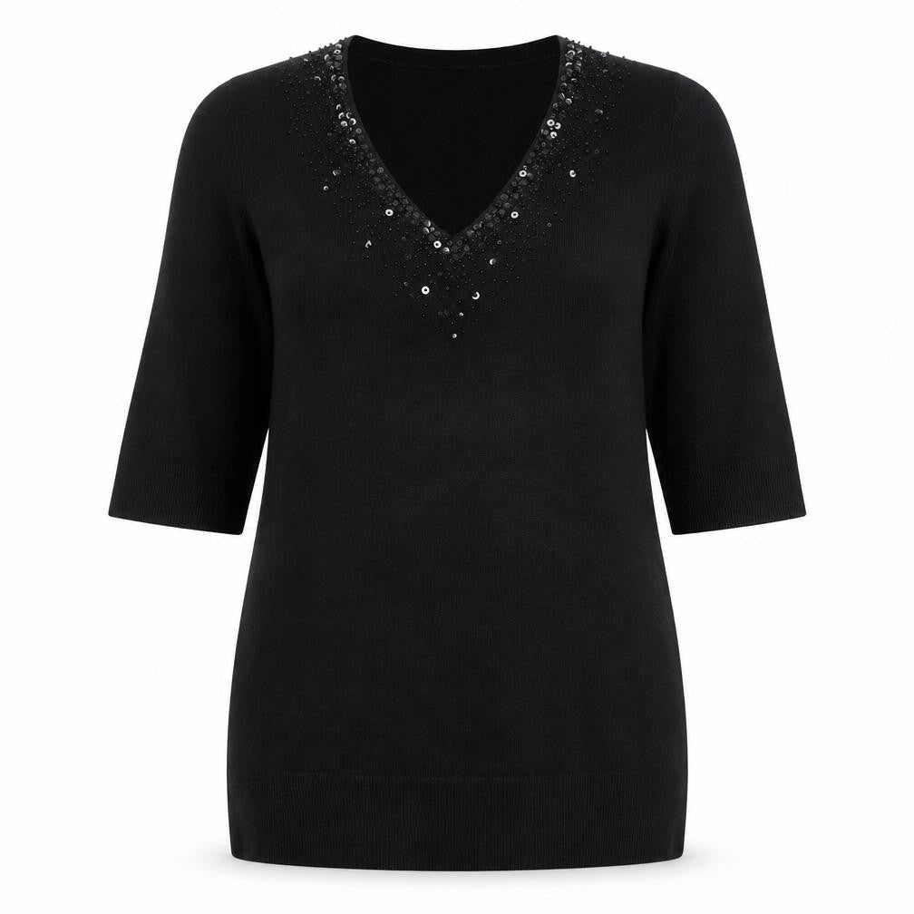 BHS Women's Black Sequin V-Neck Tunic Top Size 16 Acrylic Knit