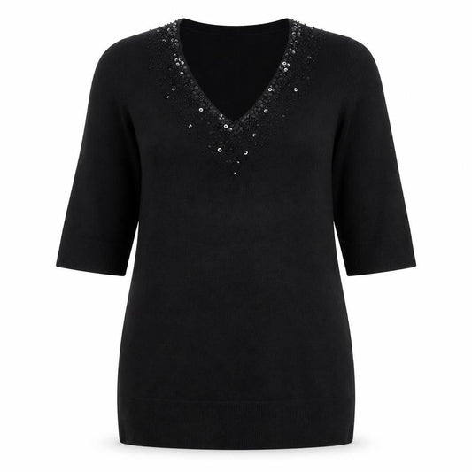 BHS Women's Black Sequin V-Neck Tunic Top Size 16 Acrylic Knit