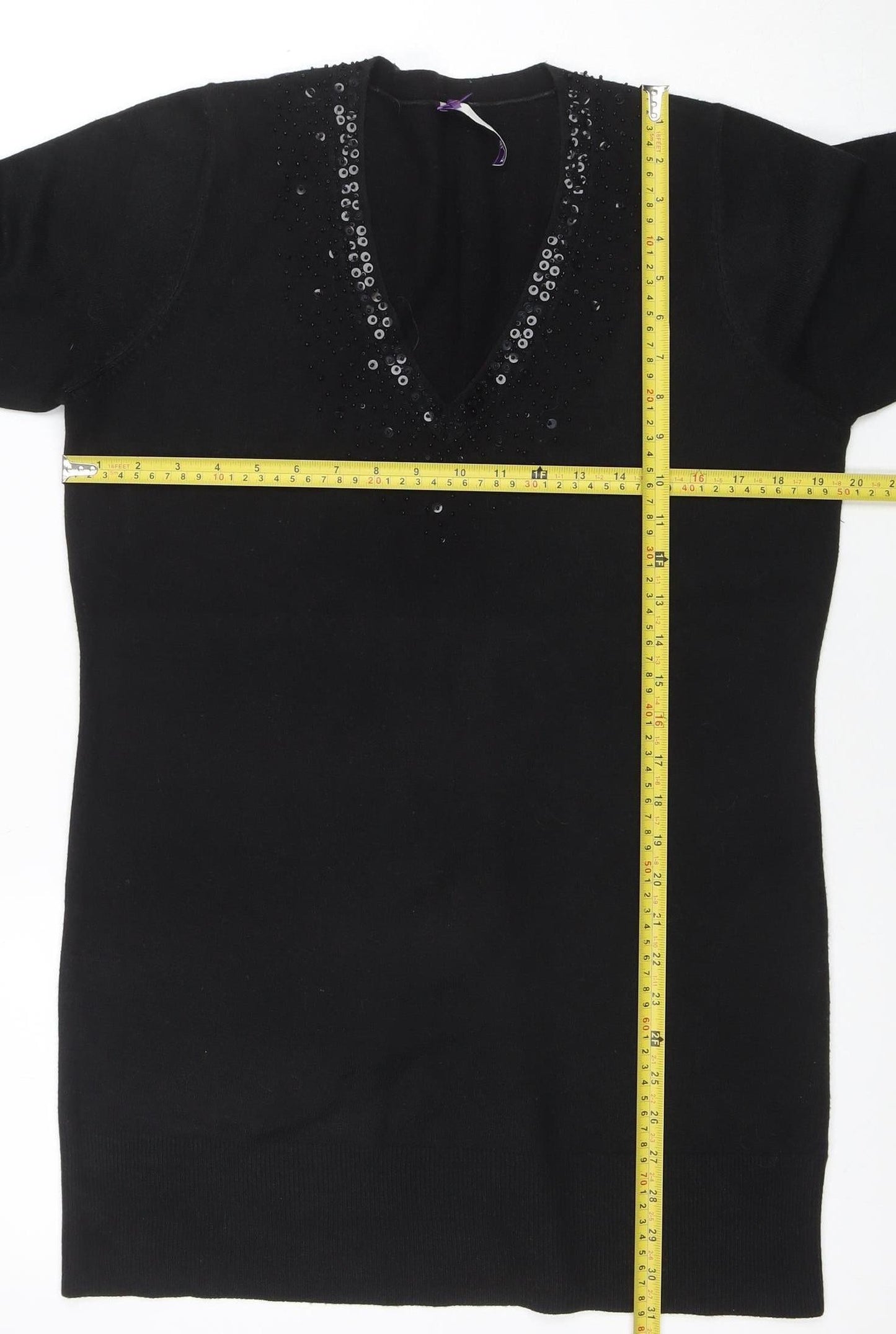 BHS Women's Black Sequin V-Neck Tunic Top Size 16 Acrylic Knit