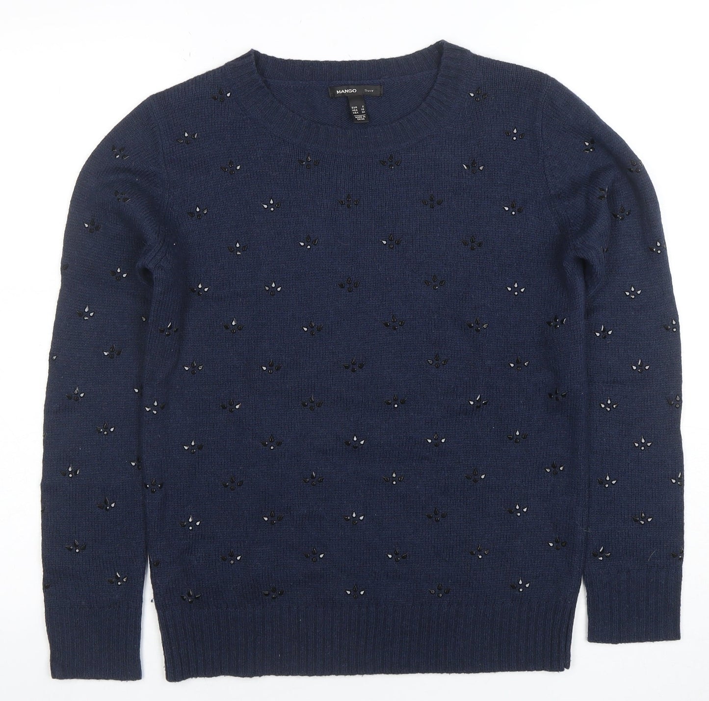 Mango Women's Blue Beaded Wool Blend Crew Neck Jumper Size 8