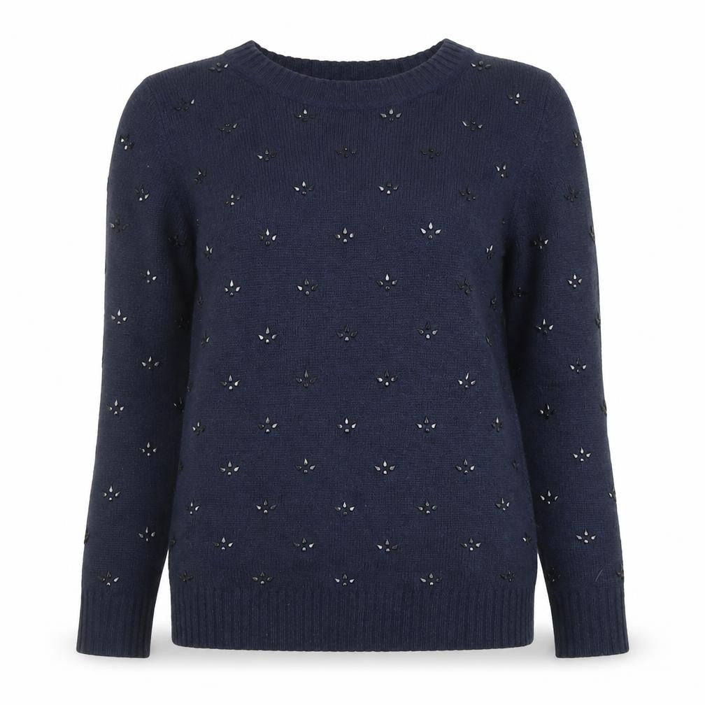 Mango Women's Blue Beaded Wool Blend Crew Neck Jumper Size 8
