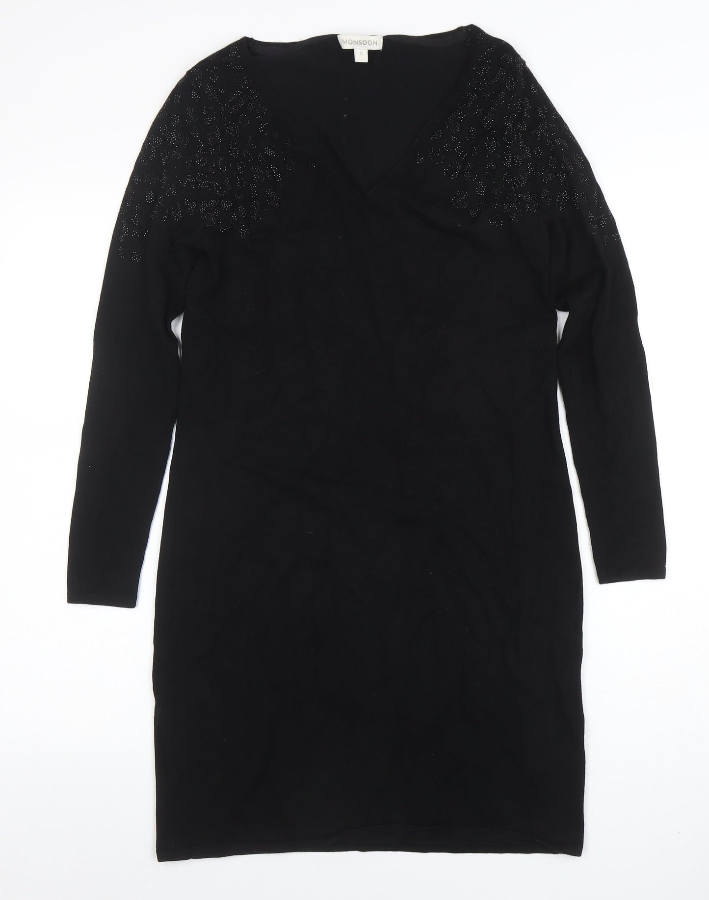 Monsoon Womens Black Beaded Knit Bodycon Dress Size S Long Sleeve
