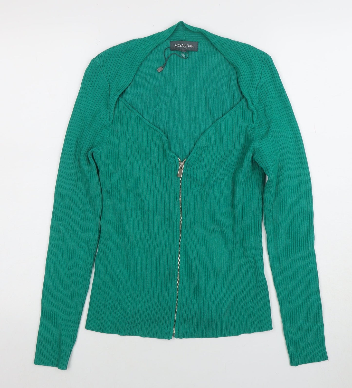 Sosandar Women's Green Full Zip Ribbed Cardigan Size 14