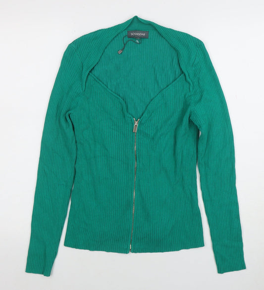 Sosandar Women's Green Full Zip Ribbed Cardigan Size 14