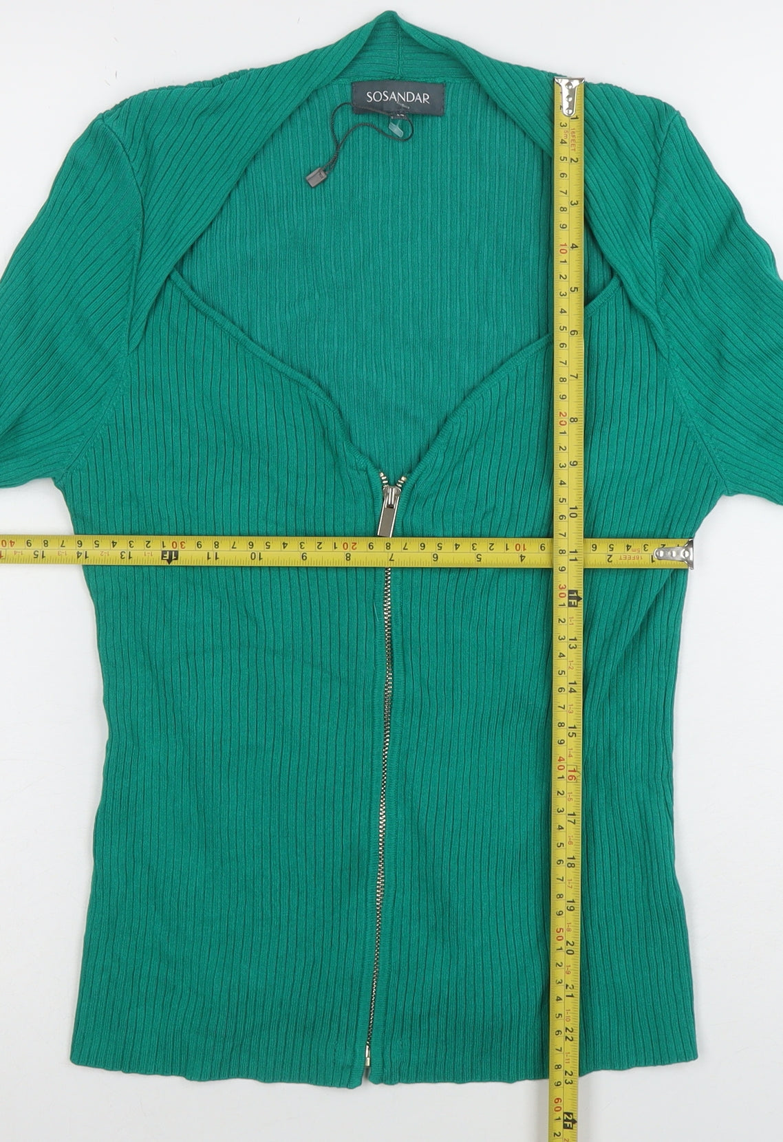 Sosandar Women's Green Full Zip Ribbed Cardigan Size 14