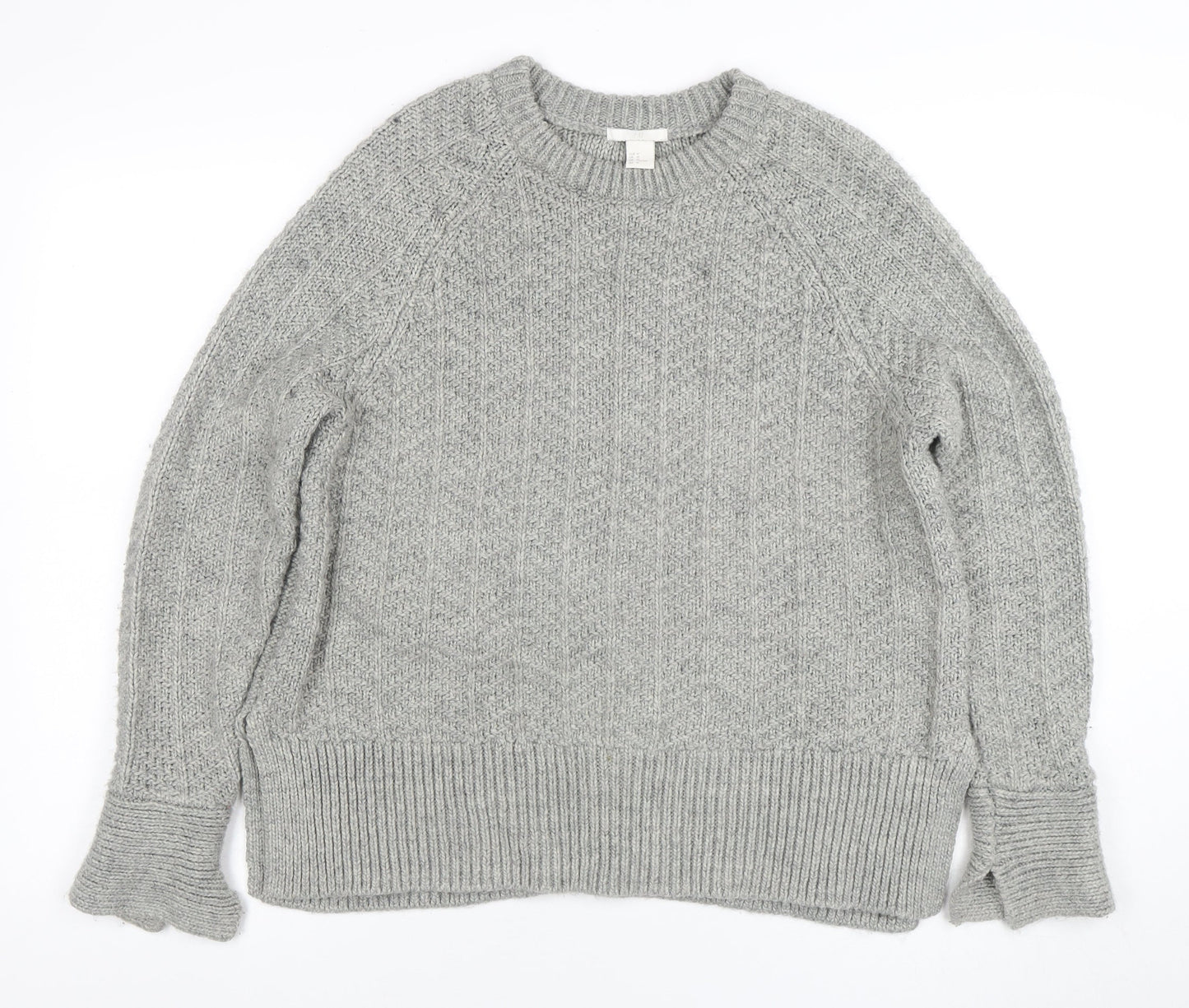 H&M Women Grey Chunky Knit Crew Neck Wool Blend Jumper Size 12