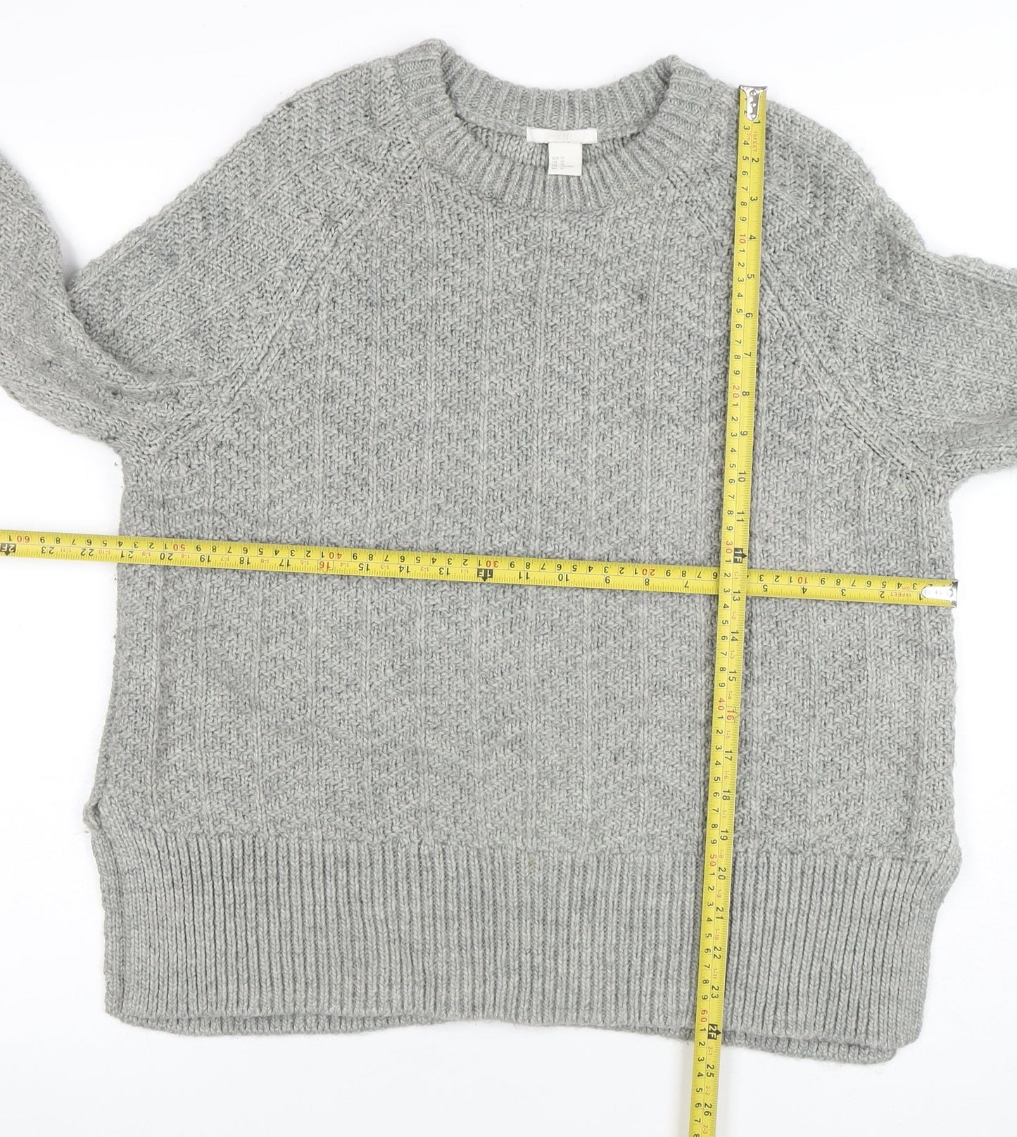 H&M Women Grey Chunky Knit Crew Neck Wool Blend Jumper Size 12