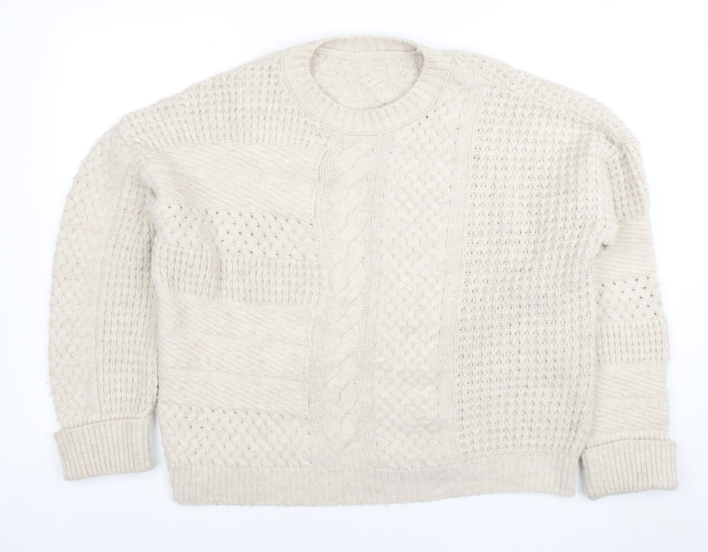 Next Women Beige Cable-Knit Cotton Blend Crew Neck Jumper M