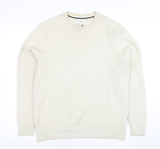 Marks and Spencer Men's Beige Cotton Blend Crew Neck Jumper M