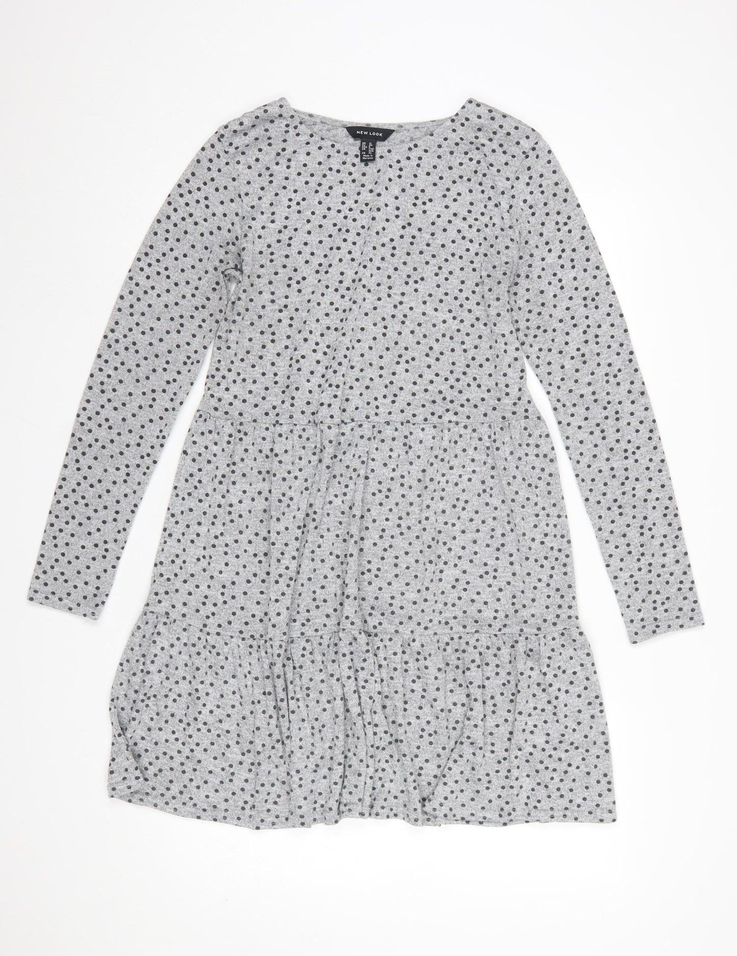 New Look Women Grey Polka Dot Skater Dress Size 12 Long Sleeve
