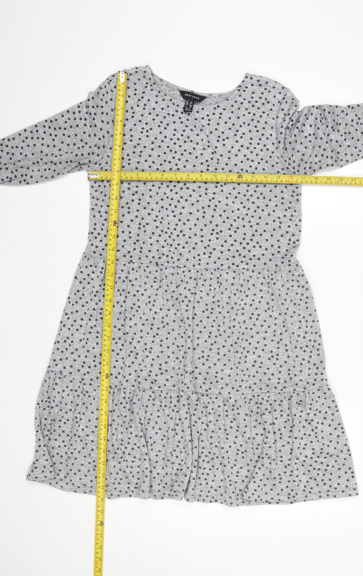 New Look Women Grey Polka Dot Skater Dress Size 12 Long Sleeve