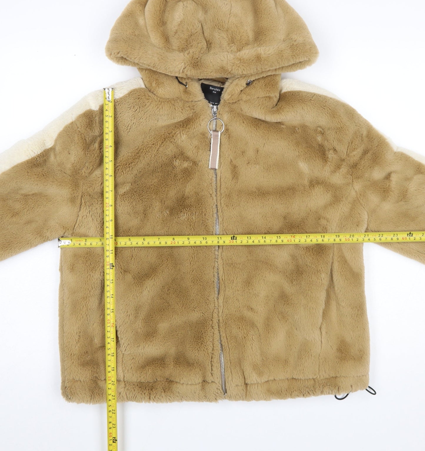 Bershka Women Beige Faux Fur Hooded Zip Puffer Jacket Size S