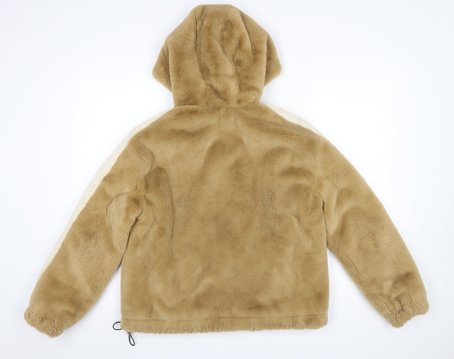 Bershka Women Beige Faux Fur Hooded Zip Puffer Jacket Size S