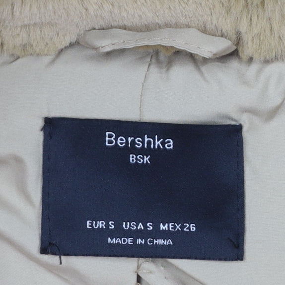 Bershka Women Beige Faux Fur Hooded Zip Puffer Jacket Size S