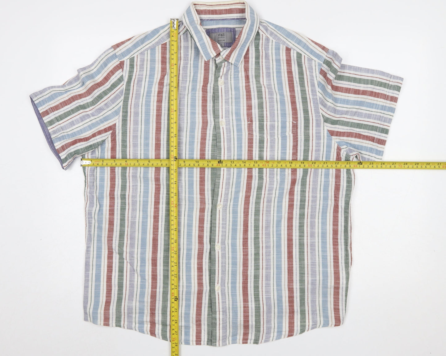 Marks and Spencer Men's Multicoloured Striped Cotton Short Sleeve Shirt Size L