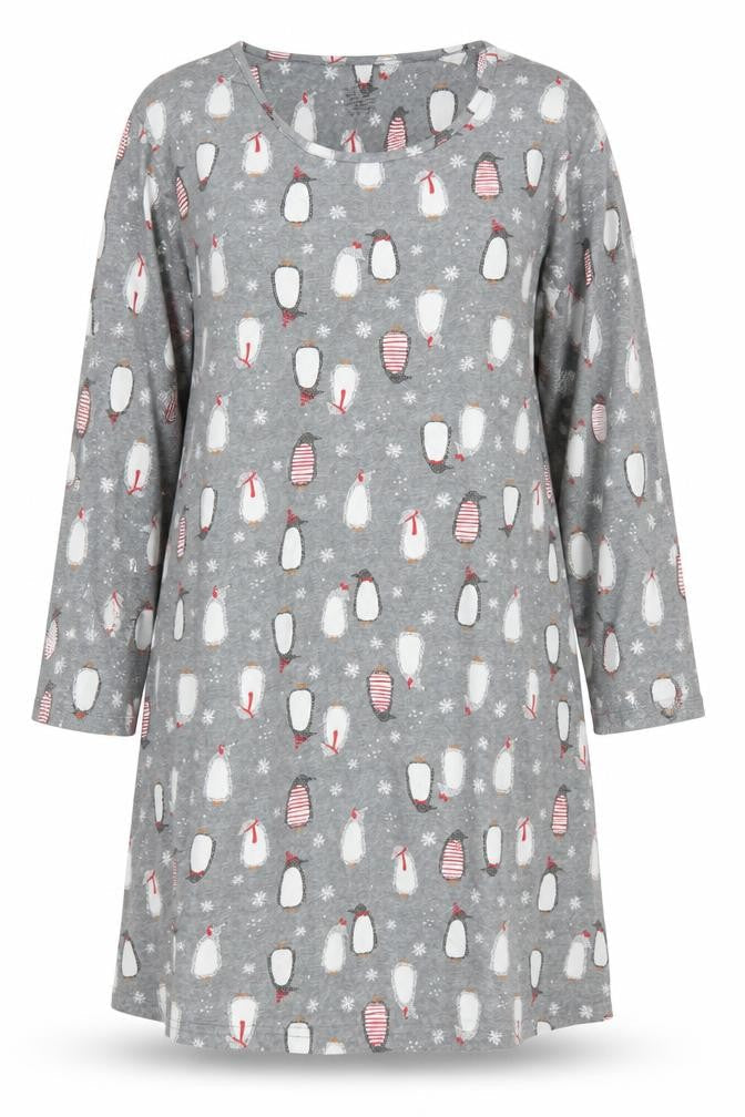 Phaeong Womens Grey Penguin Print Long Sleeve Nightshirt XL