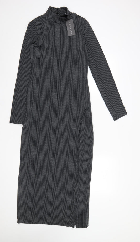 New Look Women Grey Ribbed High Neck Long Sleeve Bodycon Midi Dress UK 10