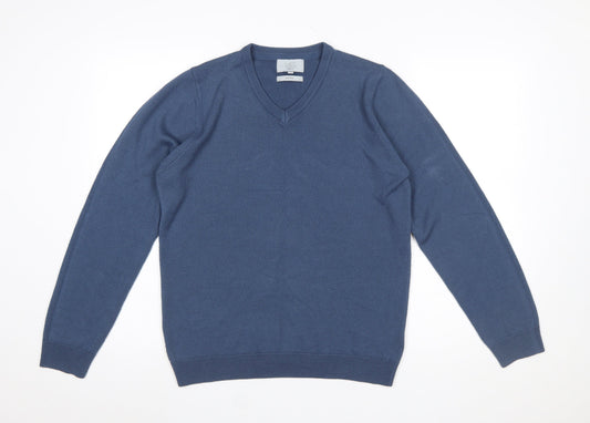 Marks and Spencer Men's Blue V-Neck Regular Fit Acrylic Jumper Medium