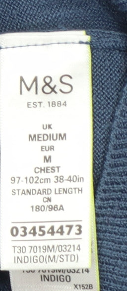 Marks and Spencer Men's Blue V-Neck Regular Fit Acrylic Jumper Medium