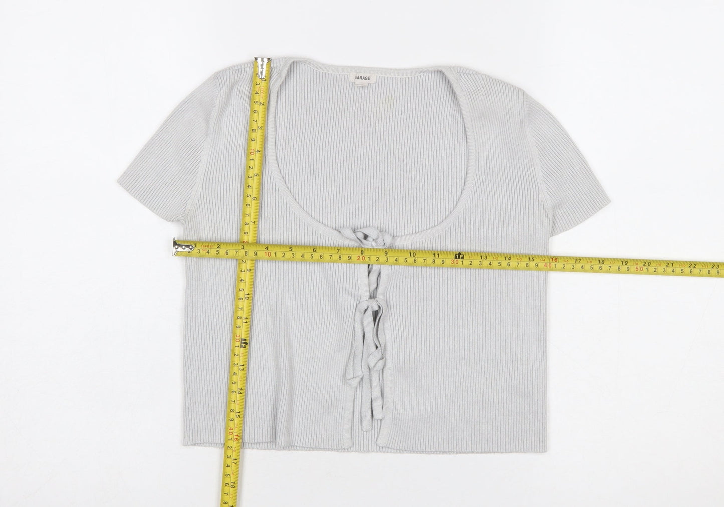 Garage Women’s Grey Cropped Tie Front Ribbed Knit Short Sleeve Top Size S