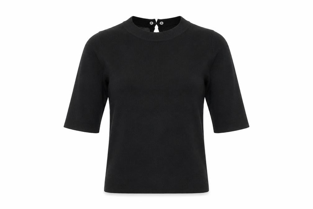 Oasis Women Black Knit Crew Neck 3/4 Sleeve Blouse Size 8