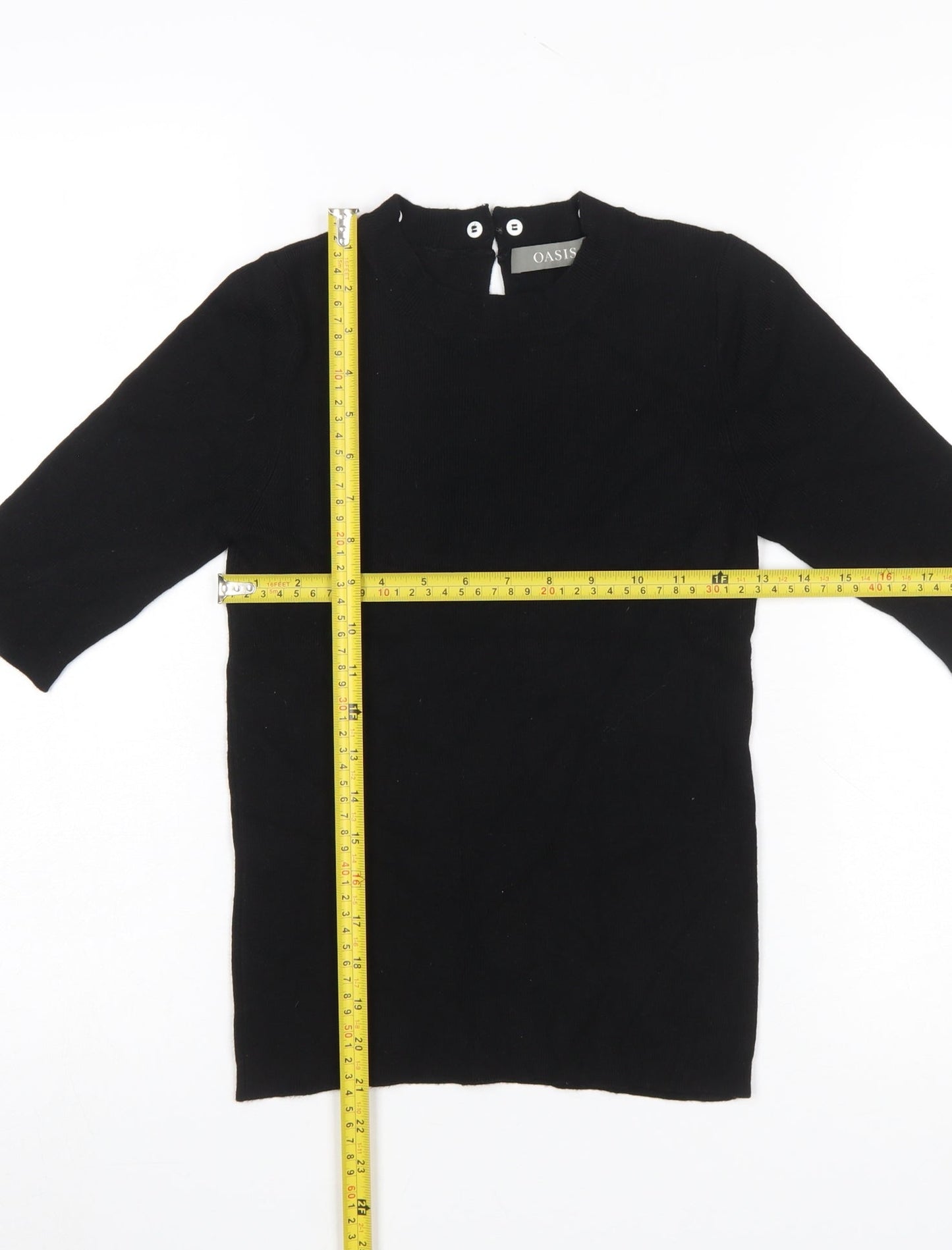 Oasis Women Black Knit Crew Neck 3/4 Sleeve Blouse Size 8
