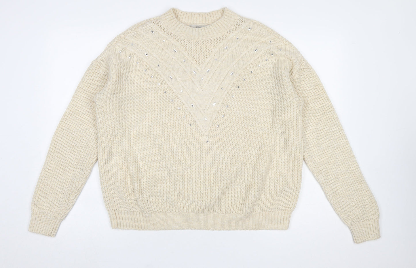 Next Women Ivory Rhinestone Knit Chunky Pullover Jumper Size M