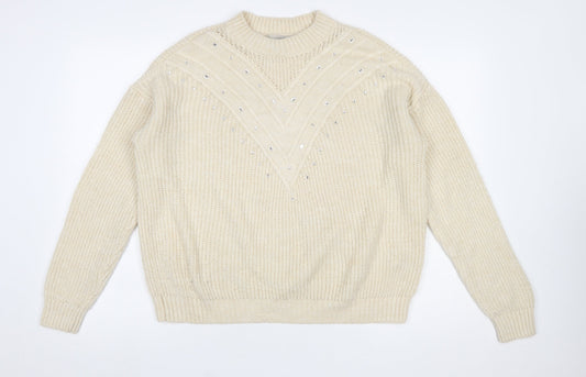 Next Women Ivory Rhinestone Knit Chunky Pullover Jumper Size M