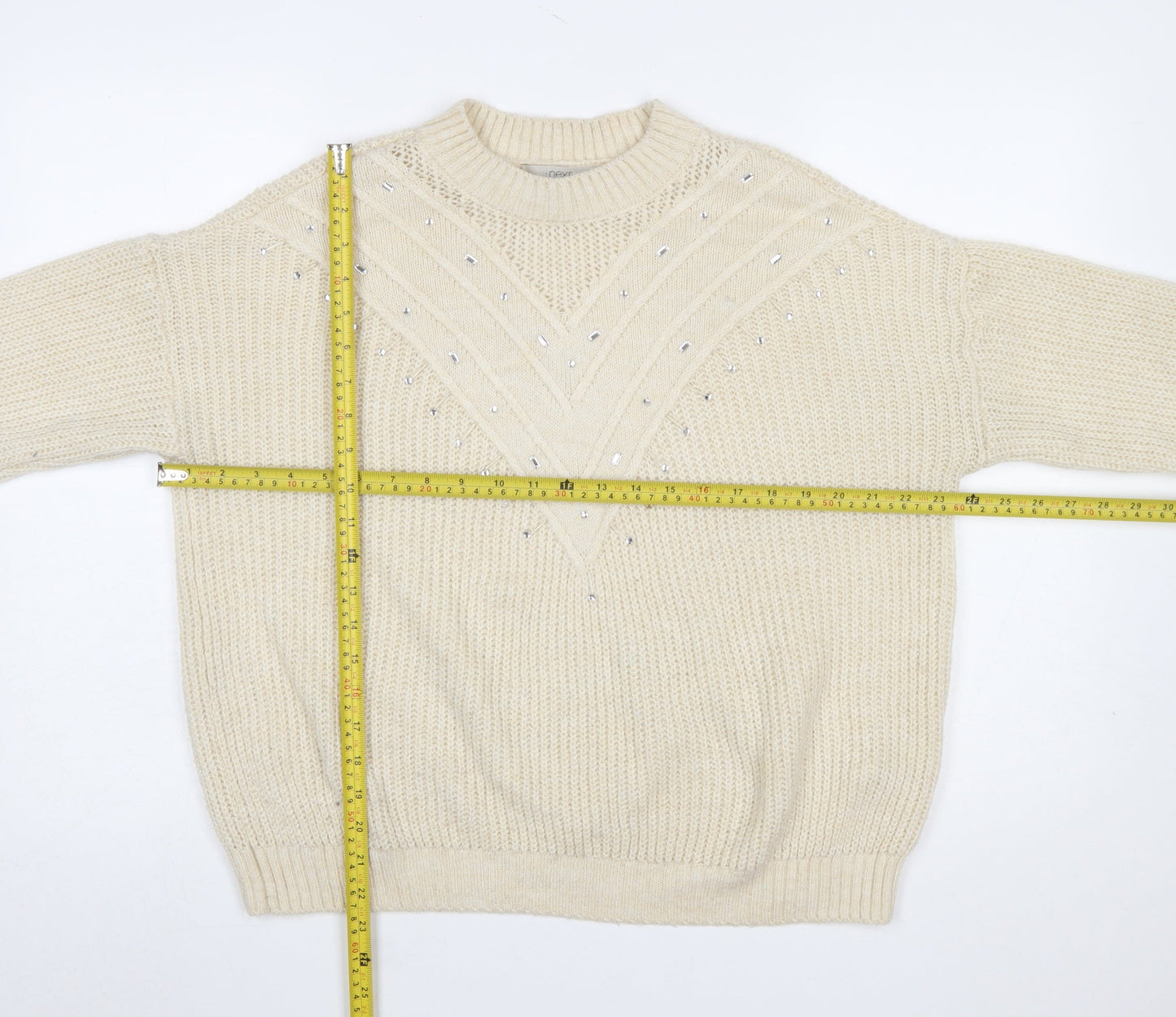 Next Women Ivory Rhinestone Knit Chunky Pullover Jumper Size M