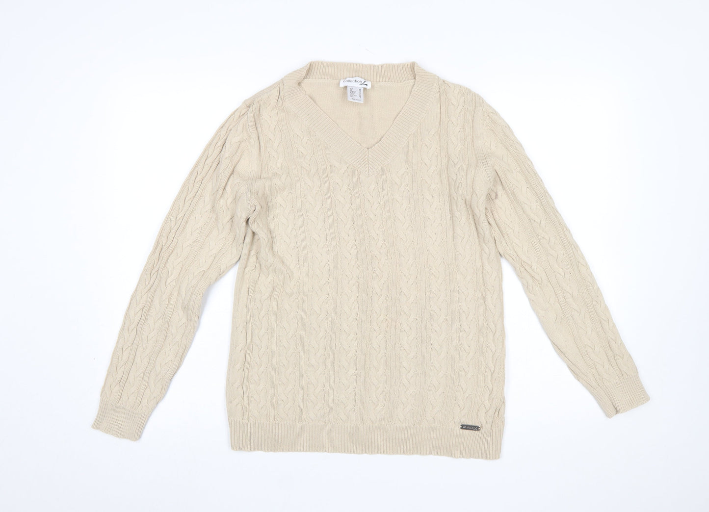 Collection L Women Beige Cable-Knit V-Neck Cotton Jumper Size 12