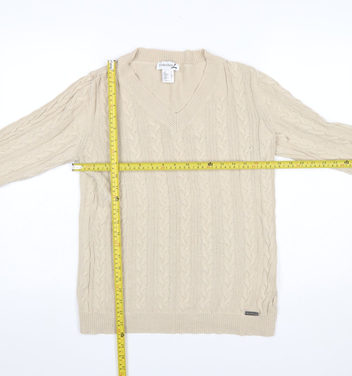 Collection L Women Beige Cable-Knit V-Neck Cotton Jumper Size 12