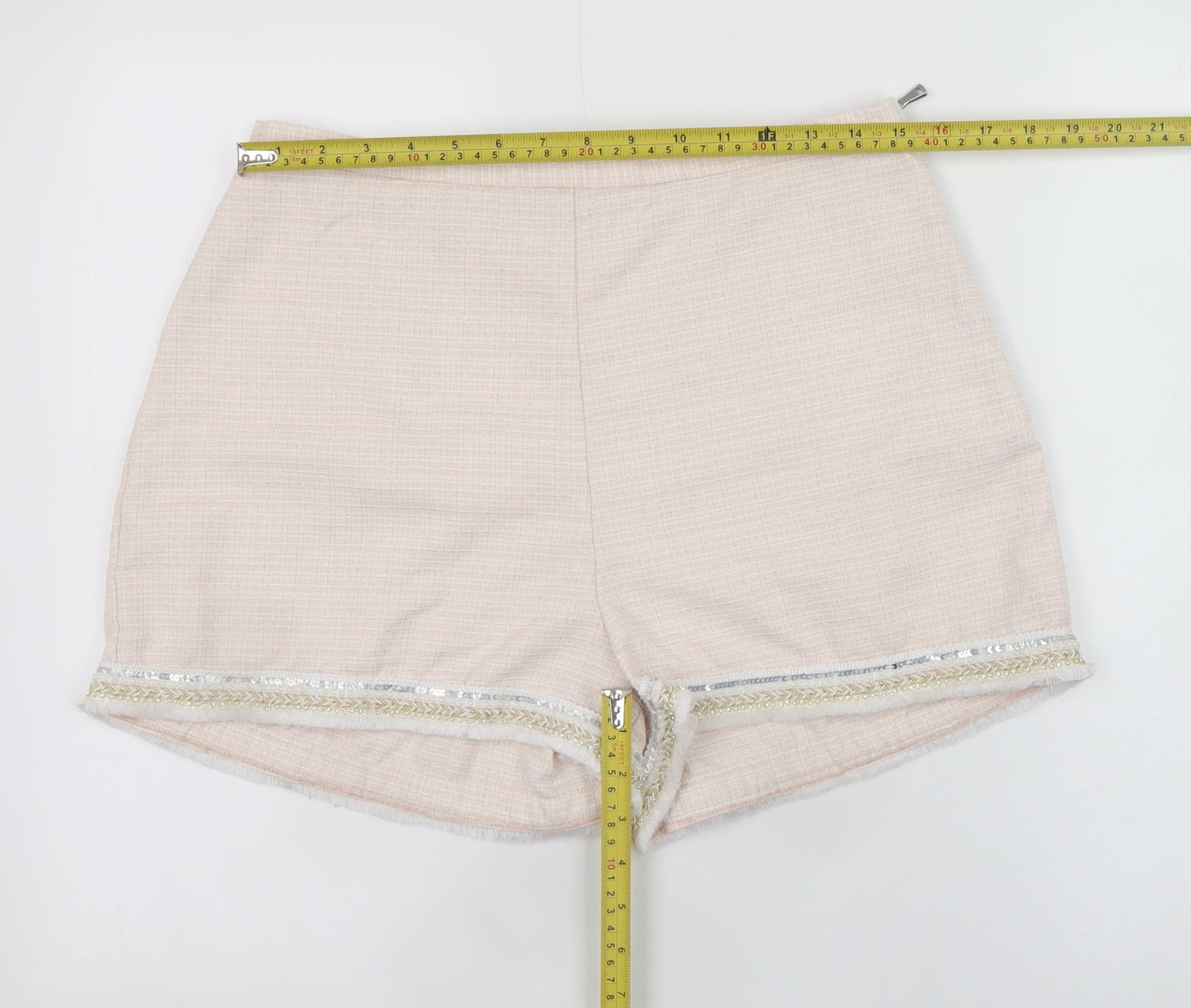 River Island Women Beige Chino Shorts Size 14 Embroidered Fringe