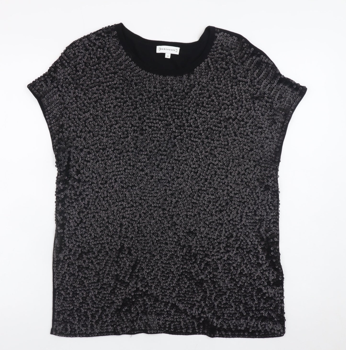 Warehouse Womens Black Sequin Short Sleeve Party T-Shirt UK 12