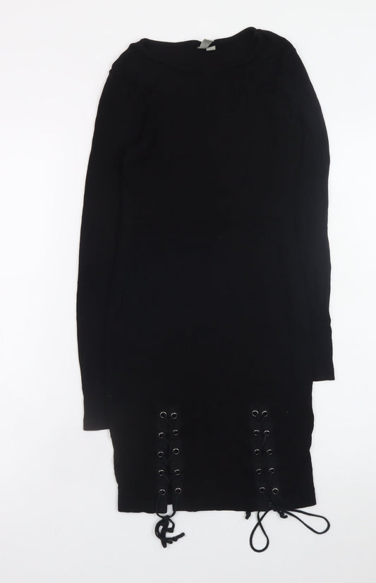 ASOS Womens Black Bodycon Lace-Up Knit Dress Size 10 Long Sleeve