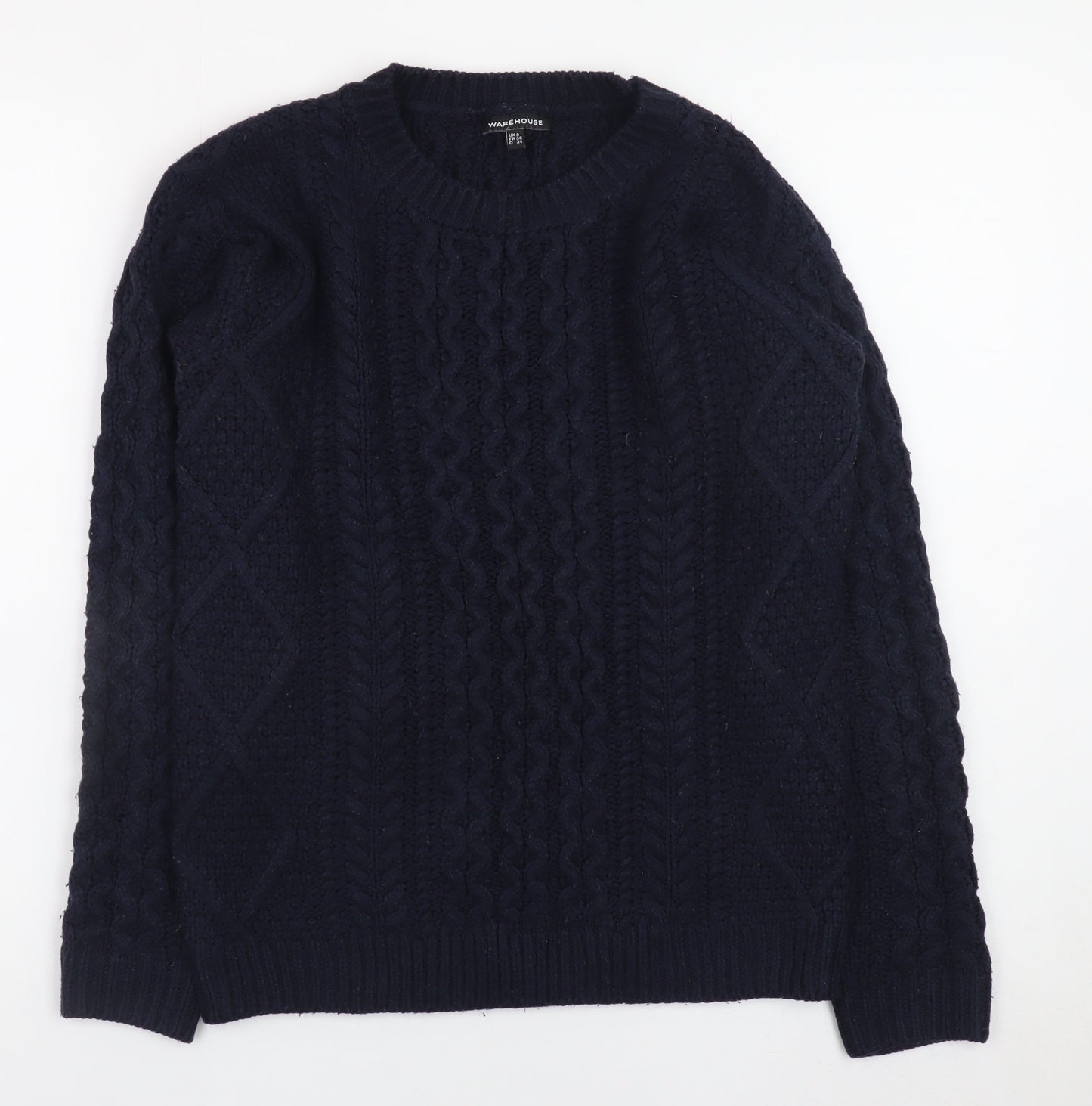 Warehouse Women's Blue Cable-Knit Jumper Size 8