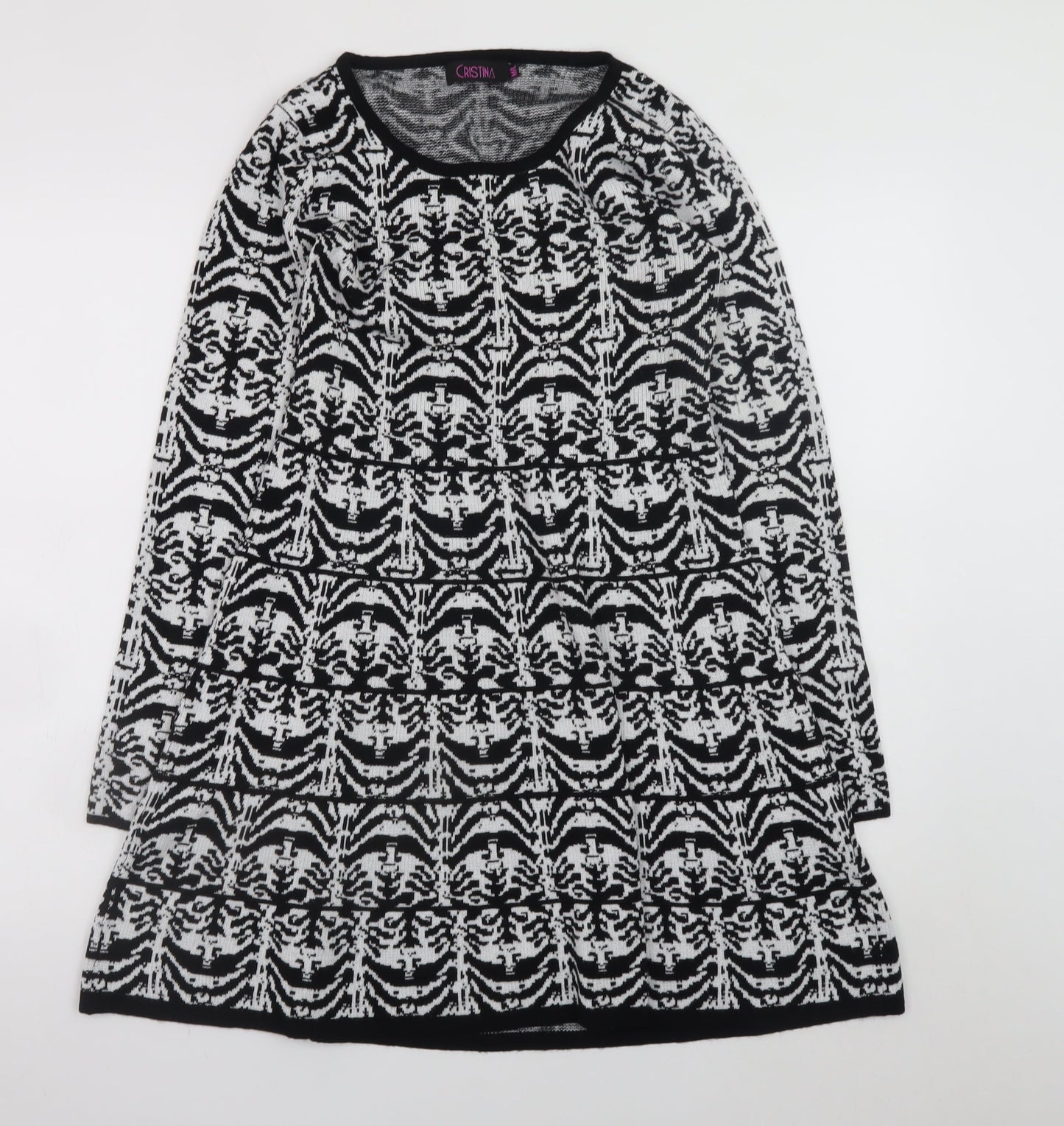 Cristina Women Black Geometric Knit A-Line Dress M Long Sleeve