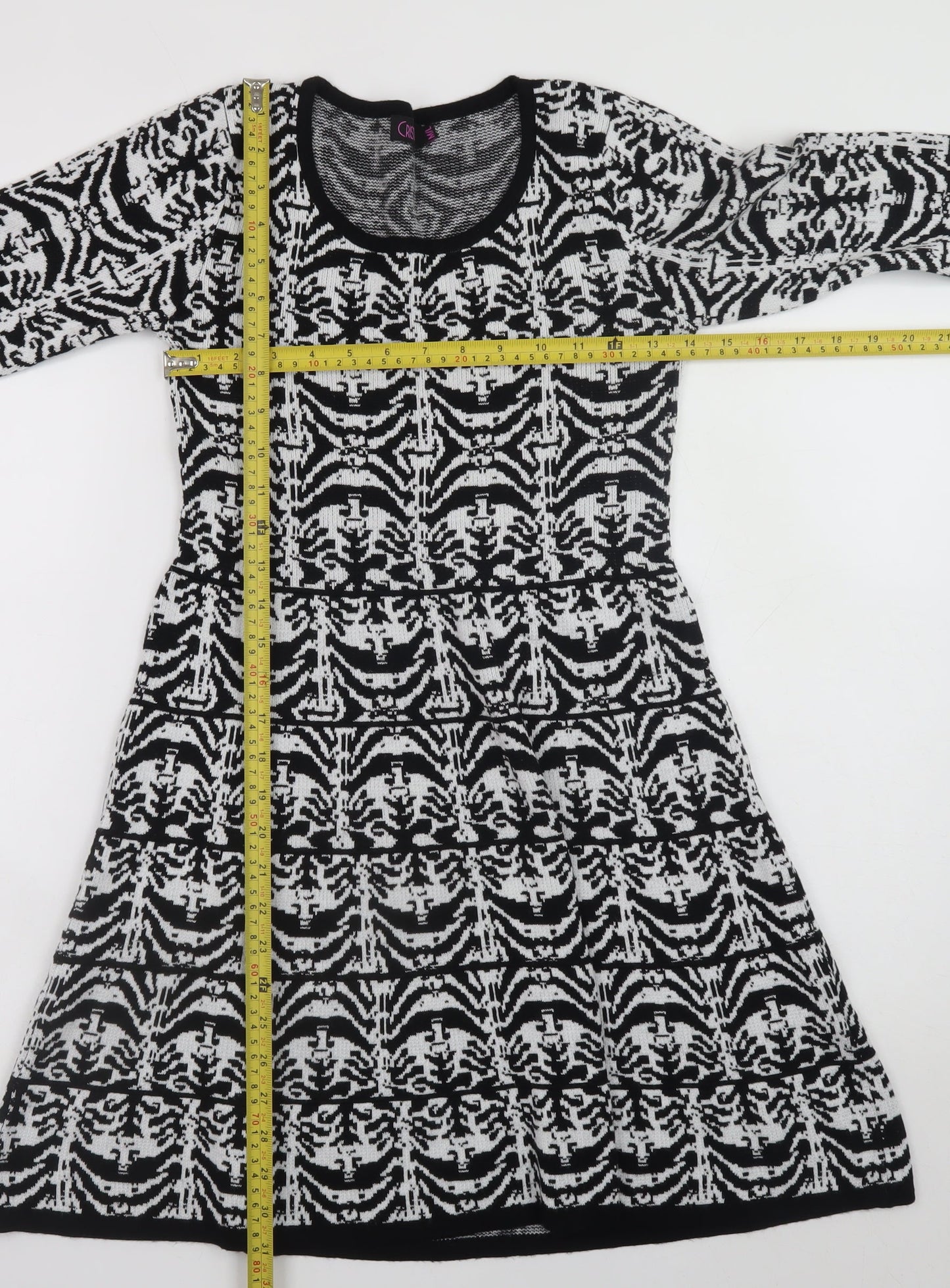 Cristina Women Black Geometric Knit A-Line Dress M Long Sleeve
