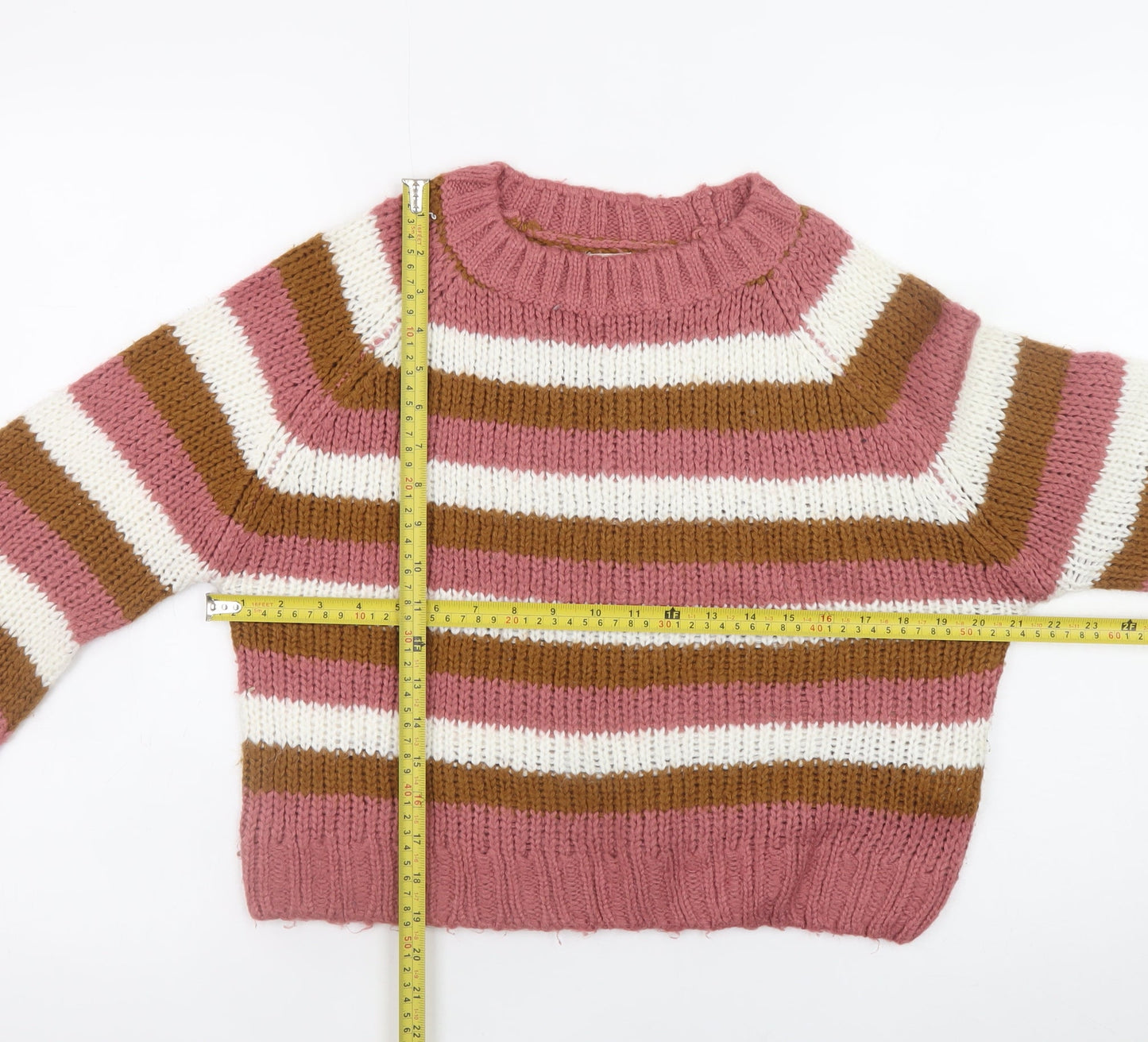 Sinsay Women’s Pink Brown Striped Chunky Knit Pullover Jumper M
