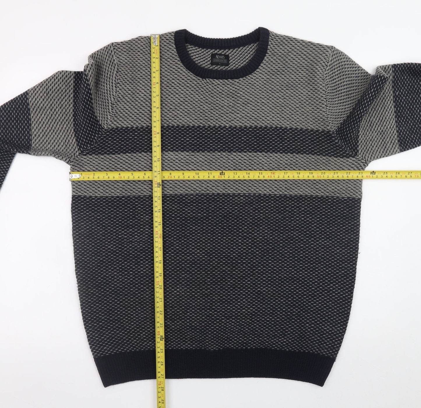 ACW85 Men's Grey Striped Knit Jumper L Crew Neck Wool Blend