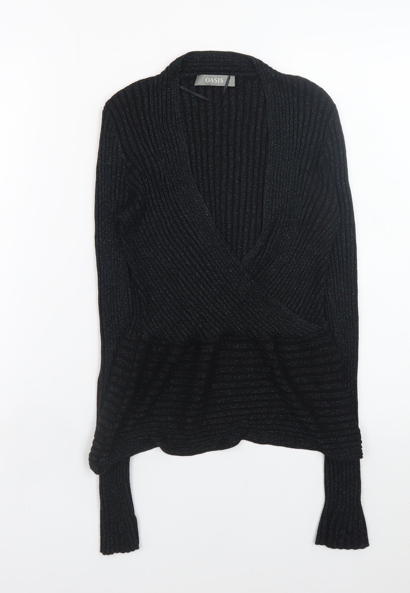 Oasis Women Black Metallic V-Neck Ribbed Knit Jumper Size S