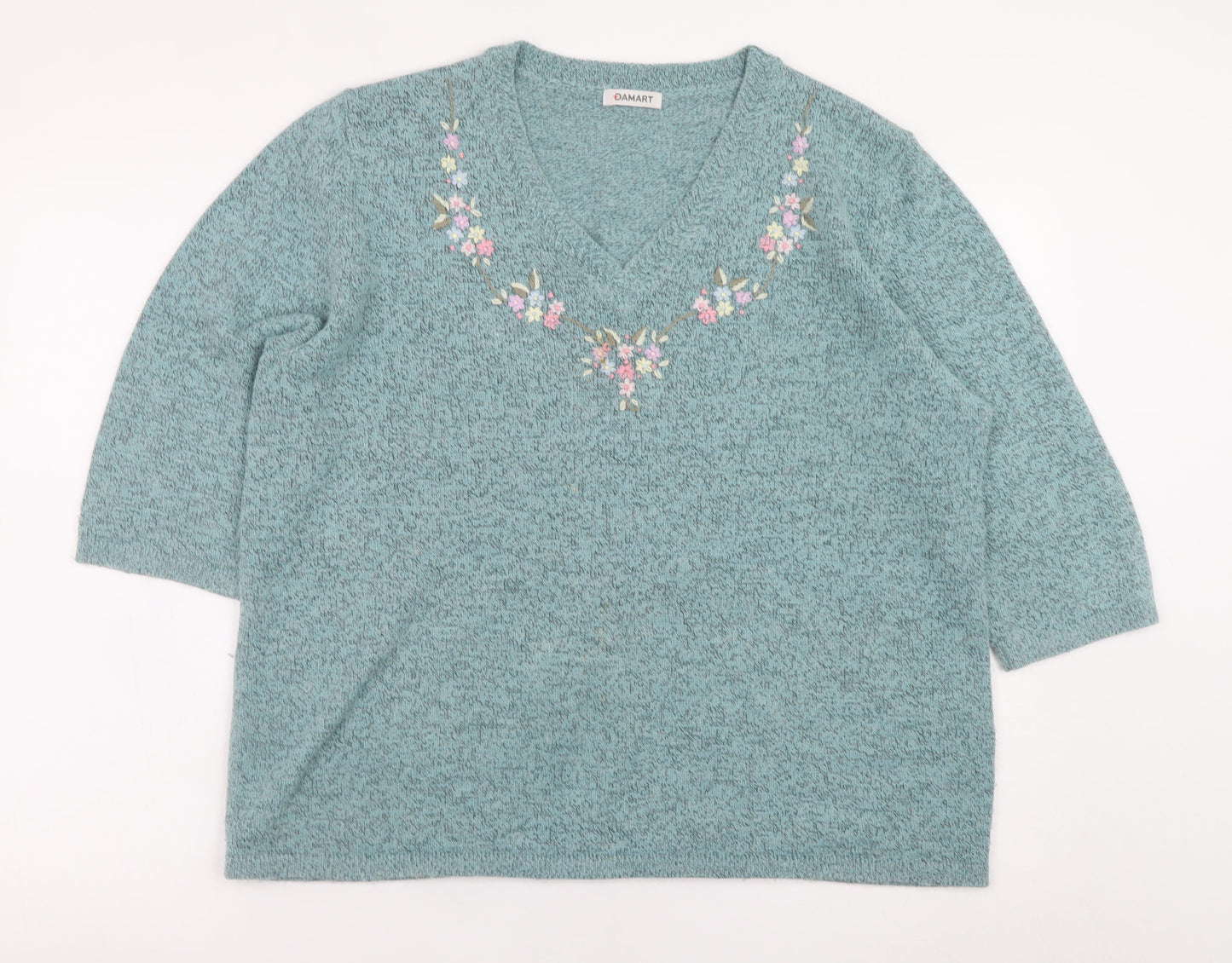 Damart Womens Green Embroidered V-Neck 3/4 Sleeve Jumper L 18/20