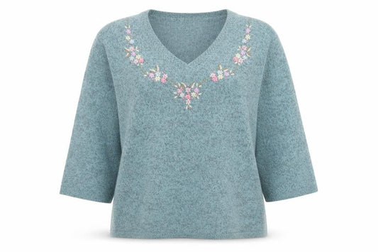 Damart Womens Green Embroidered V-Neck 3/4 Sleeve Jumper L 18/20