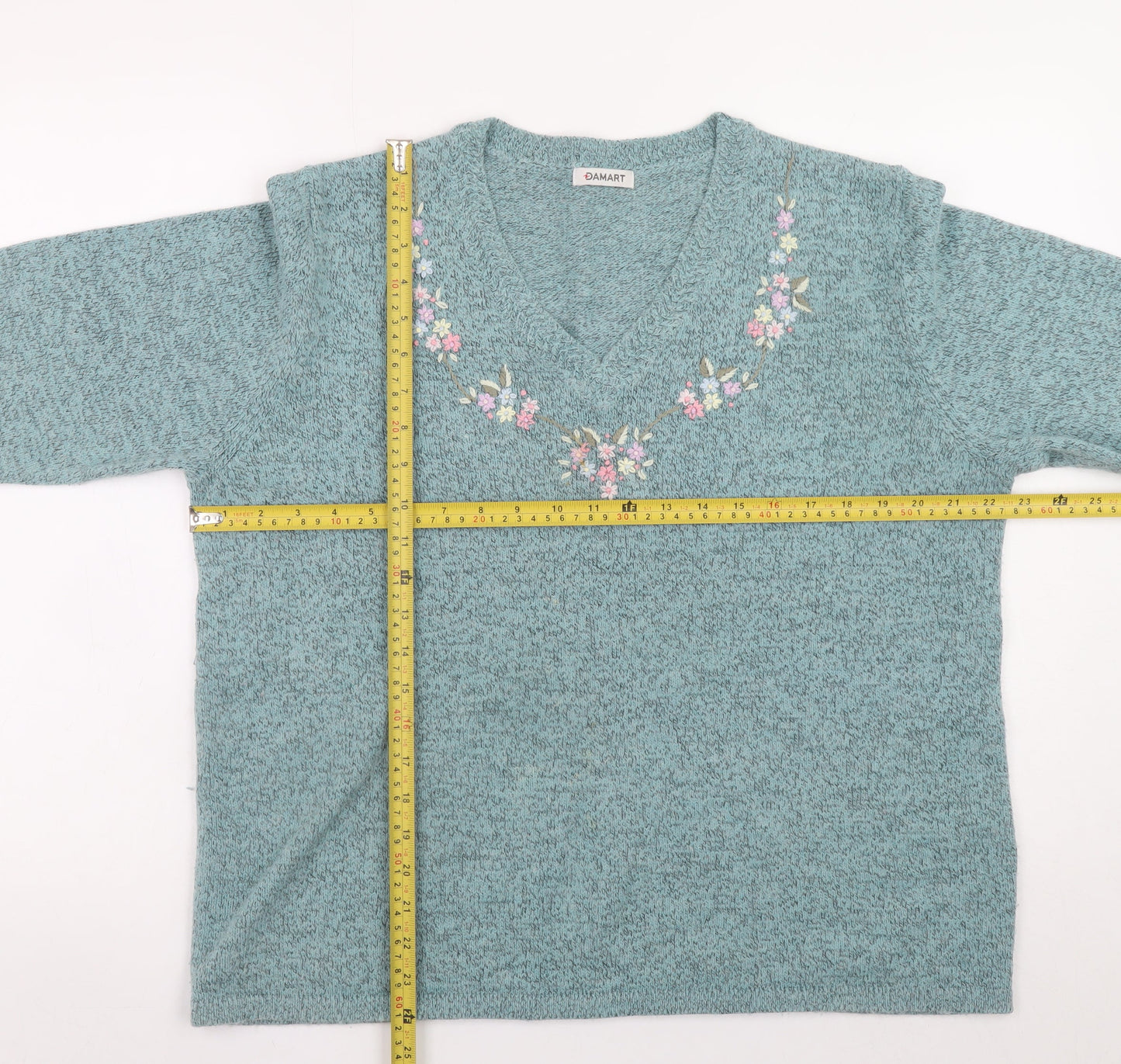 Damart Womens Green Embroidered V-Neck 3/4 Sleeve Jumper L 18/20