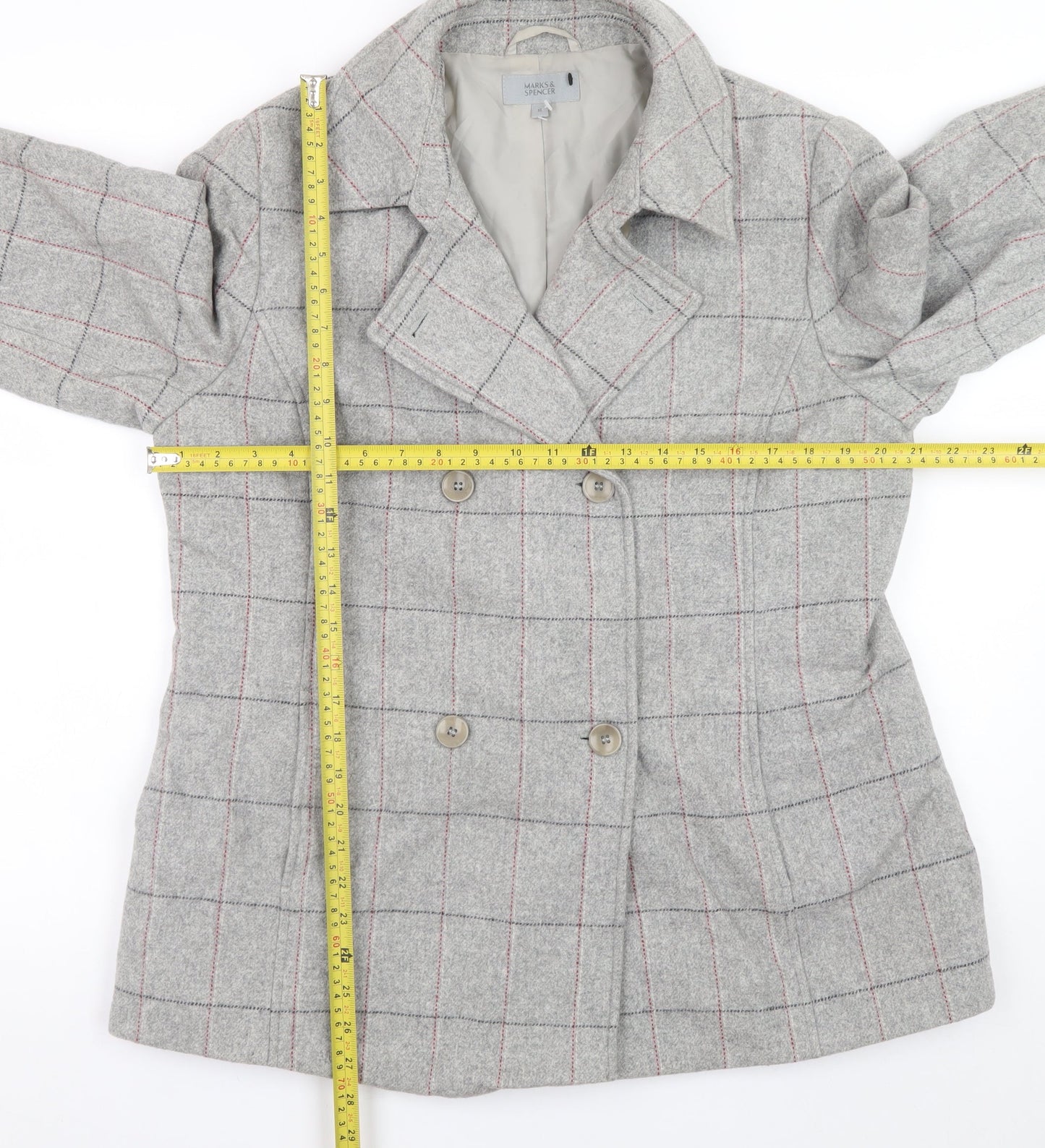 Marks and Spencer Women Grey Check Wool Blend Pea Coat UK 16