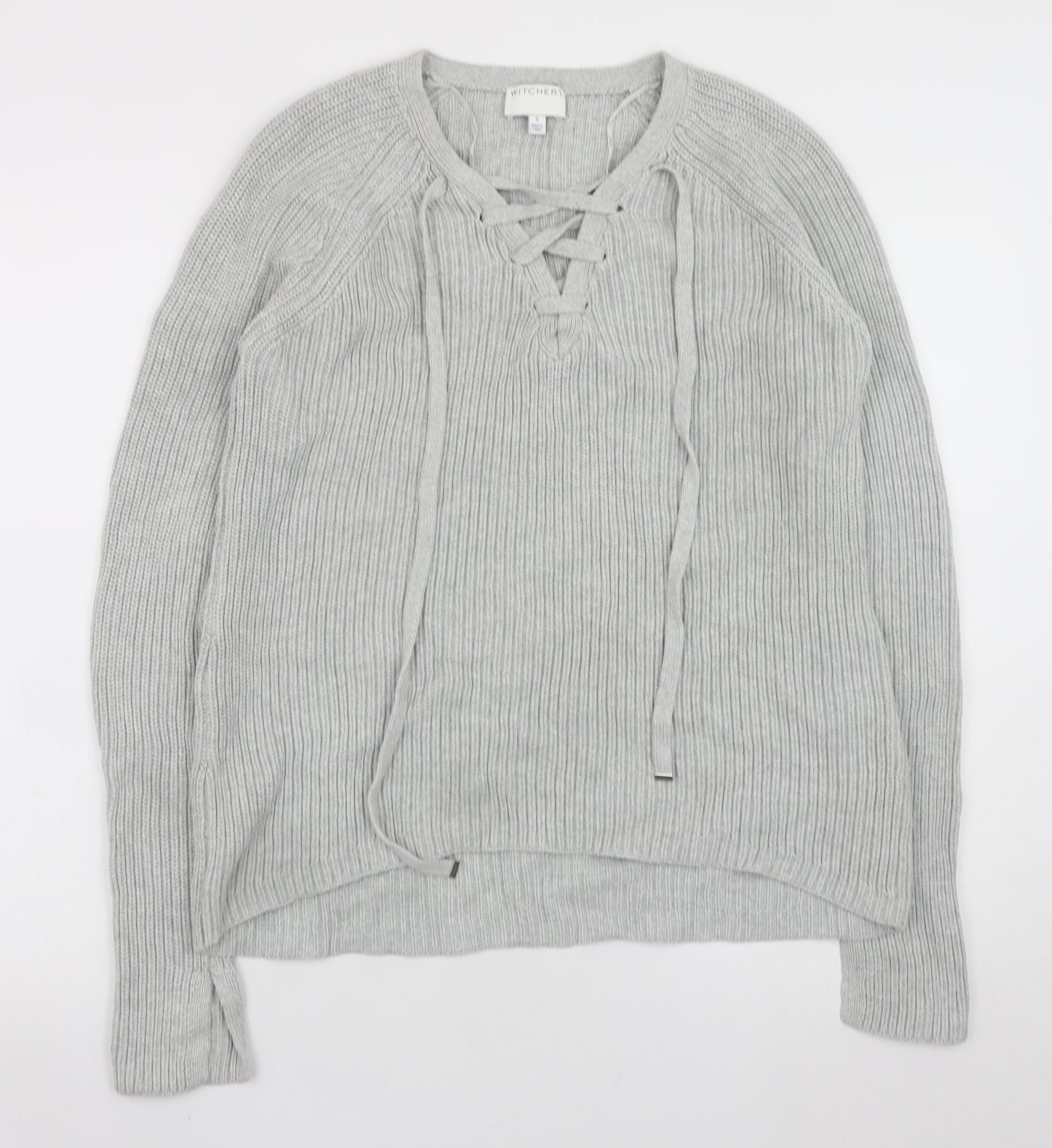 Witchery Women Grey Cotton Lace-Up V-Neck Knit Jumper Size S