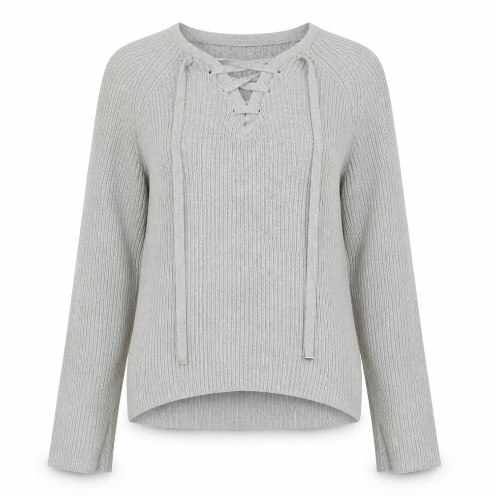Witchery Women Grey Cotton Lace-Up V-Neck Knit Jumper Size S