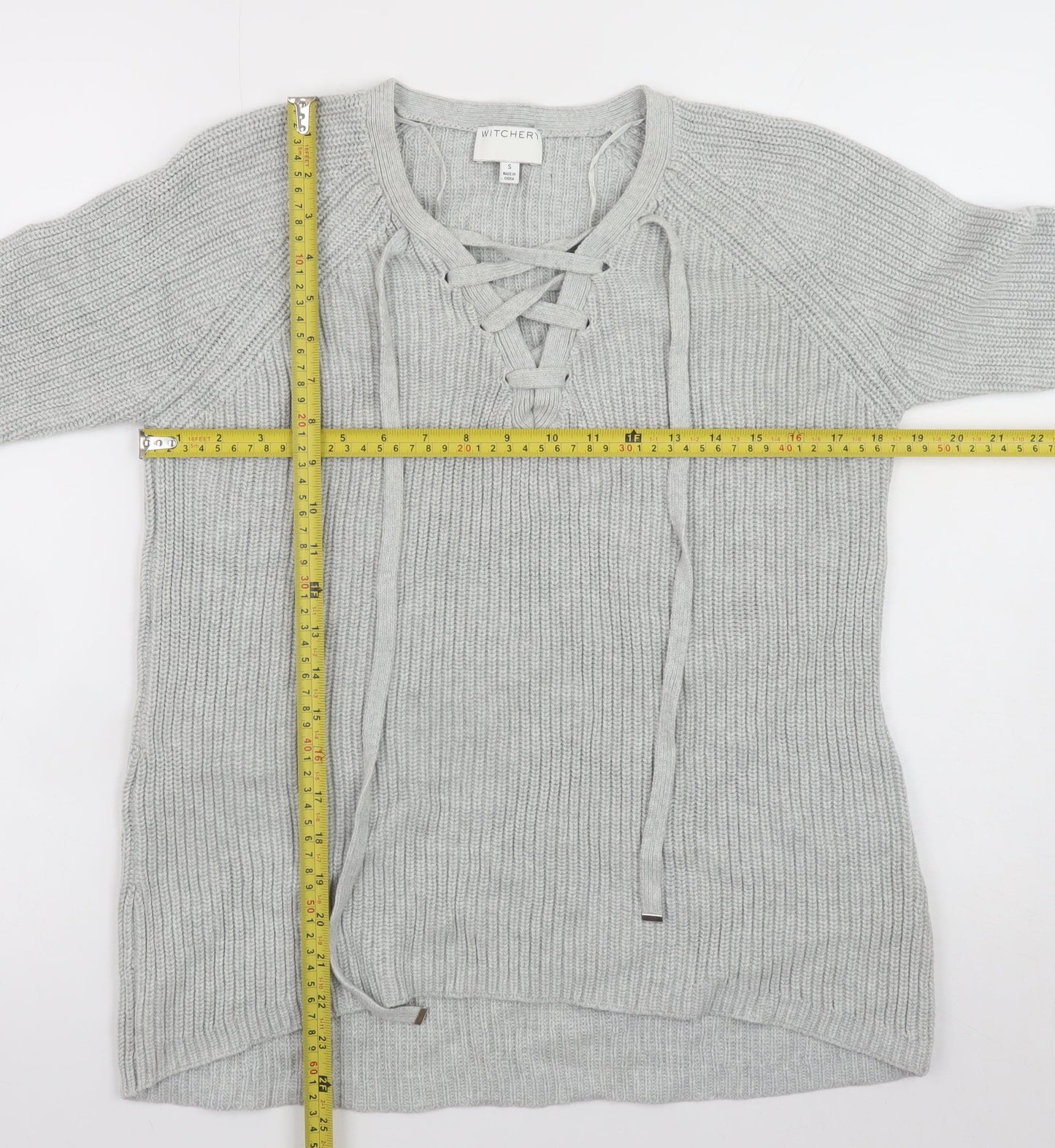 Witchery Women Grey Cotton Lace-Up V-Neck Knit Jumper Size S