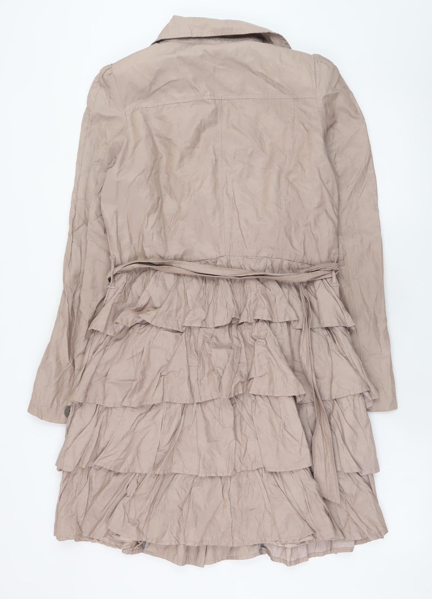 Wallis Women’s Beige Ruffle Trench Coat Size 12 Belted Double-Breasted